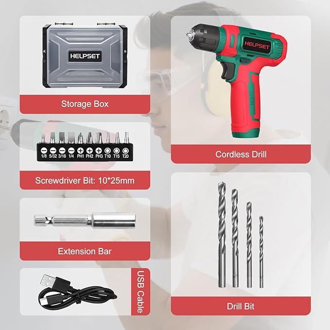 8V Cordless Drill Driver Set - 3/8" Keyless Chuck, 15pcs Drill Bits Included, Built-in LED Light for Drilling & Screwing, Comes with Toolbox for Storage (Christmas)