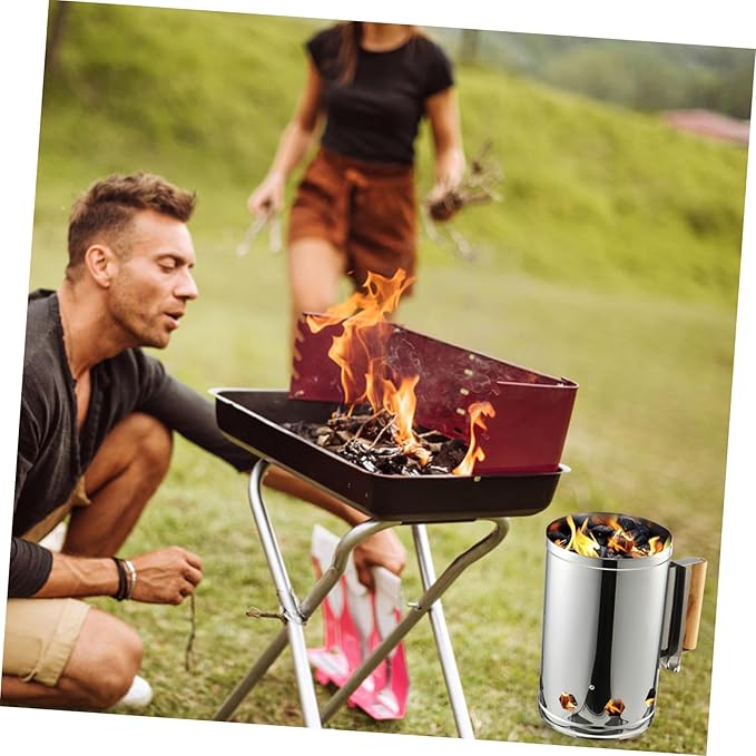 Outdoor Charcoal Chimney Starter Barrel with Heat-Resistant Wooden Handle BBQ Fire Starter for Quick Ignition Suitable for Grilling Camping Tailgate and Outdoor Cooking