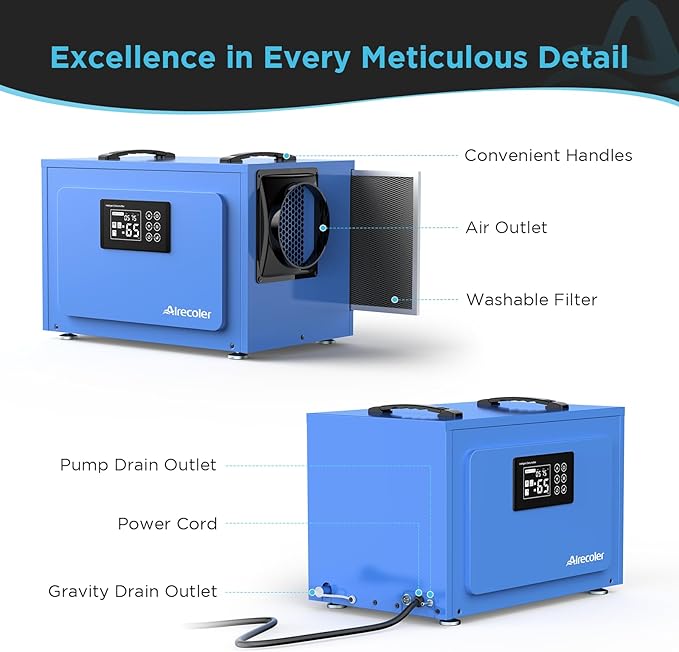 125 Pints Commercial Dehumidifier with Pump for Crawl Spaces & Basements with Drain Hose, Industrial Grade Water Damage Restoration for up to 6,000 sq ft, Auto Defrost, Memory Starting