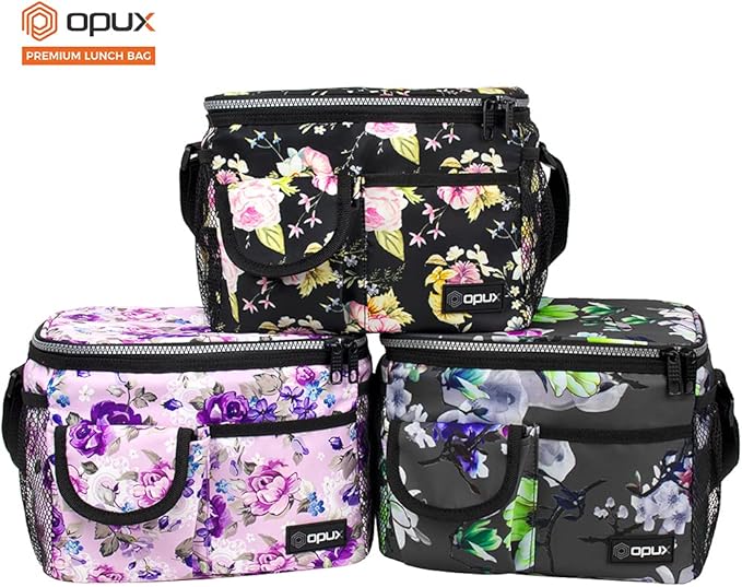 opux Insulated Lunch Bag for Men Women, Leakproof Floral Purple Lunch Box for Work, Portable Soft Lunch Cooler Bag with Shoulder Strap, Adult Lunchbox Lunch Pail for Kid Boy Girl School, 14 Can/8L
