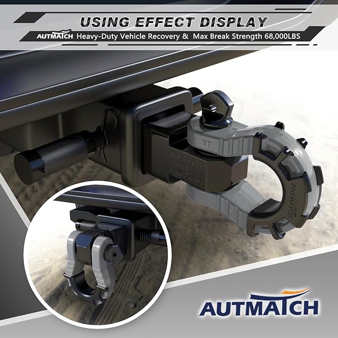 AUTMATCH Shackle Hitch Receiver 2" with 3/4" Mega D Ring Shackle and 5/8" Trailer Hitch Lock Pin, 68,000 Lbs Break Strength Heavy Duty Receiver Towing Kit for Off-Road Vehicle Recovery, Black & Gray
