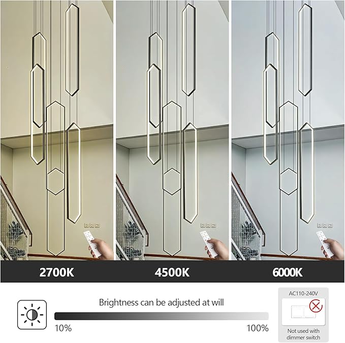 Modern Adjustable Height Chandelier Black 4000K LED Pendant Lights 6 Rings Rectangular Celling Light Staircase Large Chandelier for High Ceilings Foyer Entryway