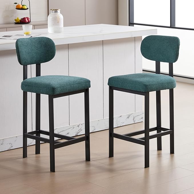 Modern Counter Stools Set of 6, 26" Upholstered Barstools with Back, Sturdy Black Metal Legs Dining Stools with Footrest for Home Pub Kitchen, Green