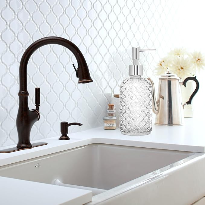 450ml Glass Soap Dispenser with Pump, 16 oz Diamond Cut Design Refillable Liquid Hand Soap Bottle Dispenser for Bathroom, Countertop, Kitchen, Laundry Room, Home Decor Accessories