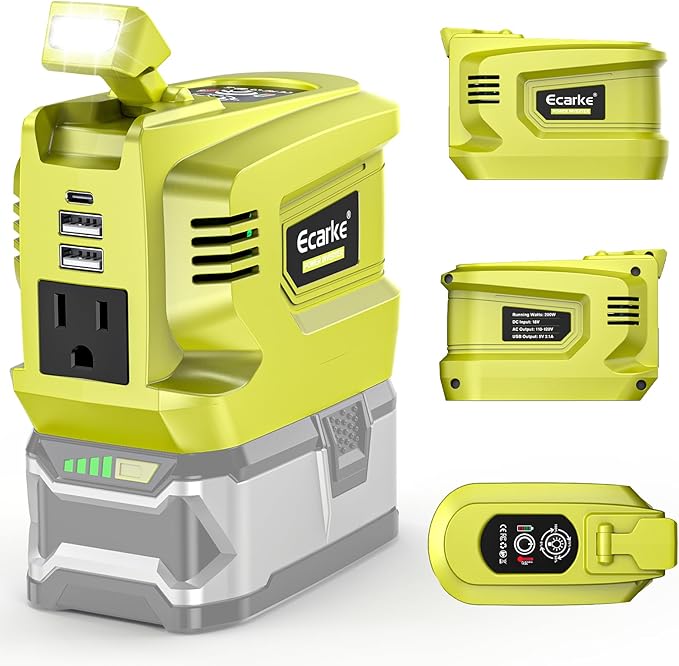 Portable Power Inverter Compatible with Ryobi,Ecarke Real 200W Outdoor Generato Battery Converter with 2 USB&LED&AC Powered Outlet,Convert DC 18V to AC 110V Portable Power Station(No Battery)