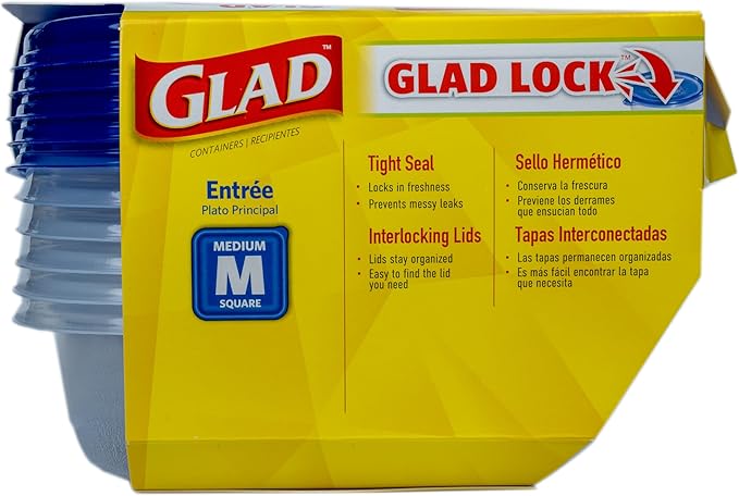 Glad GladWare Entrée Food Storage Containers, Medium Square - Meal Container Holds up to 25 Ounces of Food - Lock Tight Seal, 5 Count