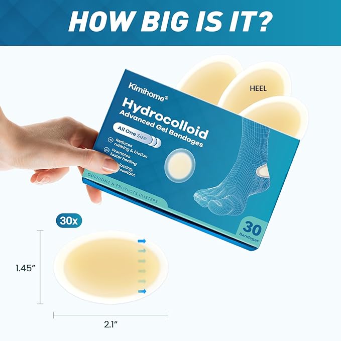 Hydrocolloid Blister Bandages for Feet - 30ct Gel Blister Bandages - Blister Cushions for Heel, Toe - Blister Prevention for Travel - Water Resistant Bandages Pads (Heel Pack)