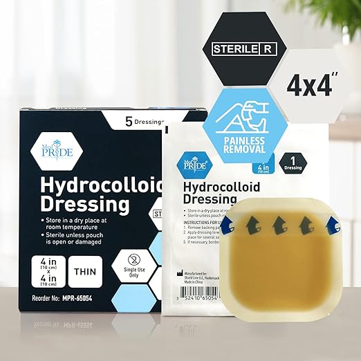 MED PRIDE Hydrocolloid Bandages 4in by 4in Adhesive Pads, Absorbent Hydrocolloid Dressings for Wounds, Burns, Ulcers, Acne, Multi-Day Use (4'' x 4'' 5 Thin)