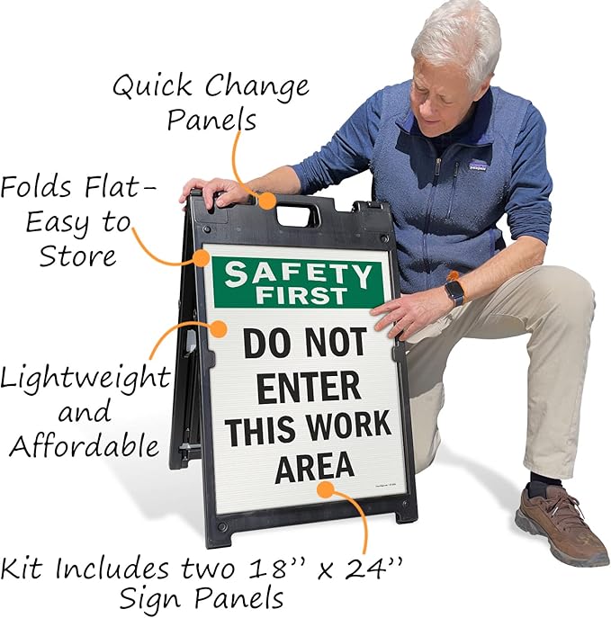 SmartSign 24 x 18 inch “Safety First - Do Not Enter This Work Area” Two-Sided BabyBoss A-Frame Sign Kit, Plastic, Multicolor (1 A-Frame + 2 Sign Panels), Made in USA