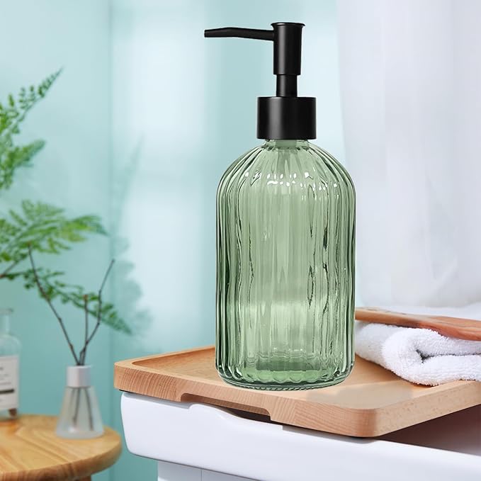 14 Oz Black Pump Glass Soap Dispenser, Green Stripe Countertop Refillable Liquid Bottle Hand Dish Lotion Dispenser with Plastic Pump, for Kitchen, Bathroom