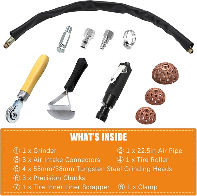 Tire Repair Kit, Tire Repair Polish Patch Tools, Include 3000rpm Low Speed Air Tire Buffer Tire Patch Roller Tire Inner Liner Scrapper Tungsten Steel Buffing Wheel 38mm 55mm