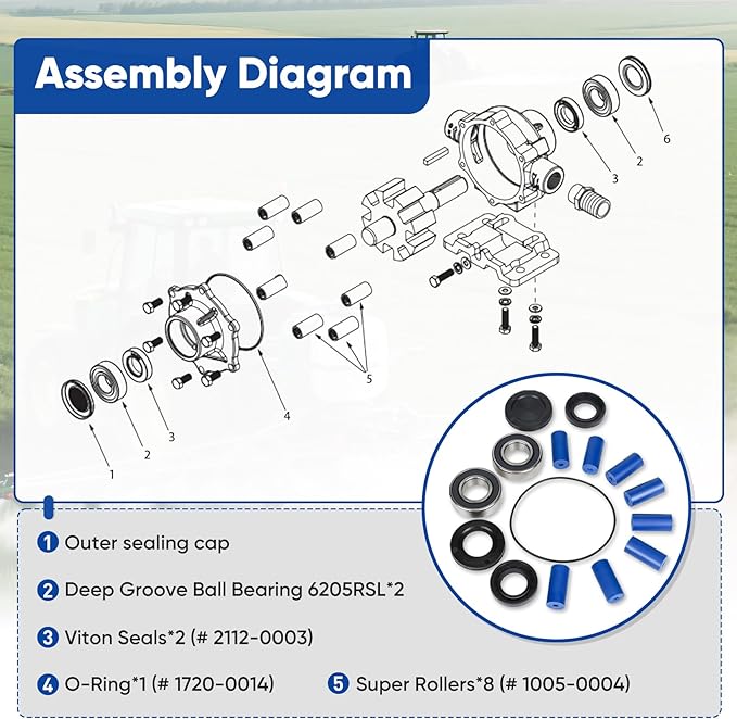 3430-0381 Super Roller Repair Kit Compatible with Hypro 7560 Series Pump 8-Roller Pump(7560C, 7560N, 7560XL)Includes 8 Super Rollers, 2 Fluoro Seals, 1 O-ring, 2 Bearings, 2 bearing Caps