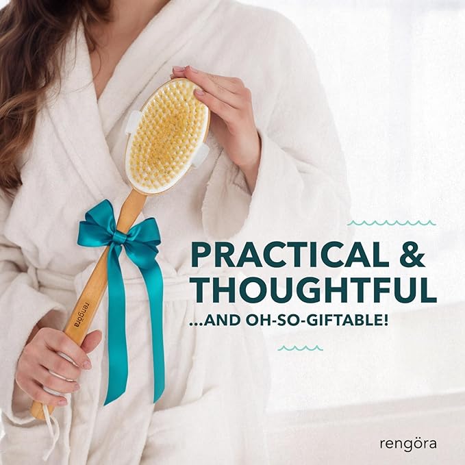 Back Scrubber for Shower - 20" Long Handle Shower Brush - Natural Bristle Back Brush - Ergonomic Handle + Silicone Anti-Slip Grip - Great Gift Idea - Men, Women + Elderly Love This (Regular Bristles)