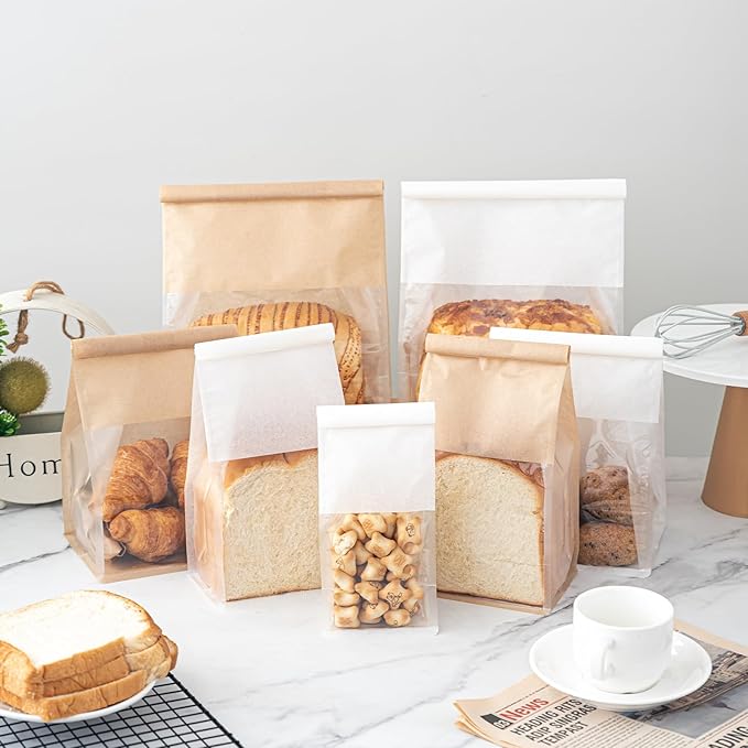 100 Pcs Bread Bags for Homemade Breads with Window, 6.3 x 5.1 x 10.3 Inch Tin Tie Tab Lock Resealable Bakery Loaf Bags for Packaging Sourdough Bread, Cookies, Bagels, Pastry