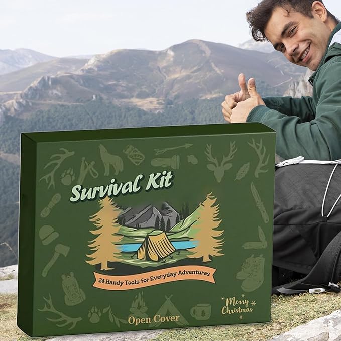 24-Day Survival Kit Advent Calendar - Christmas Countdown Calendar with Survival Tools, Outdoor Gear for Hiking Fishing Hunting Adventure, Practical Holiday Gift for Men Husband Dad Friends