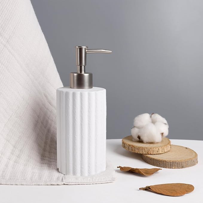 INGOFIN White Soap Dispenser, 10.5 oz Ceramic Lotion Dispenser - Refillable Hand Soap Dispenser Bathroom, Modern Liquid Dish Dispenser with Pump for Kitchen
