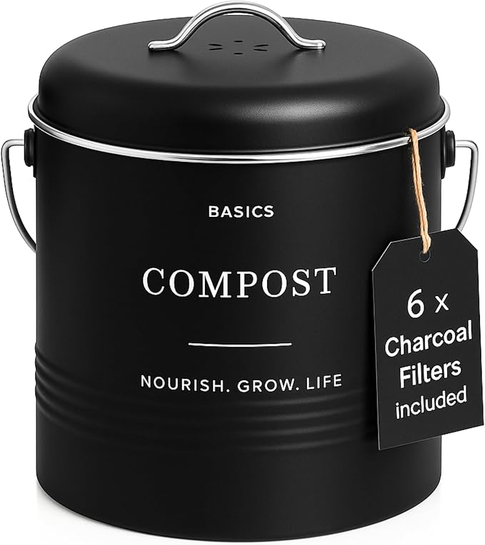 D'Lifeful Kitchen Compost Bin – 1.3 Gallon Countertop Farmhouse Compost Container with Lid – Odorless Indoor Food Scrap Pail with 6 Charcoal Filters – Eco-Conscious and Easy to Clean - Black