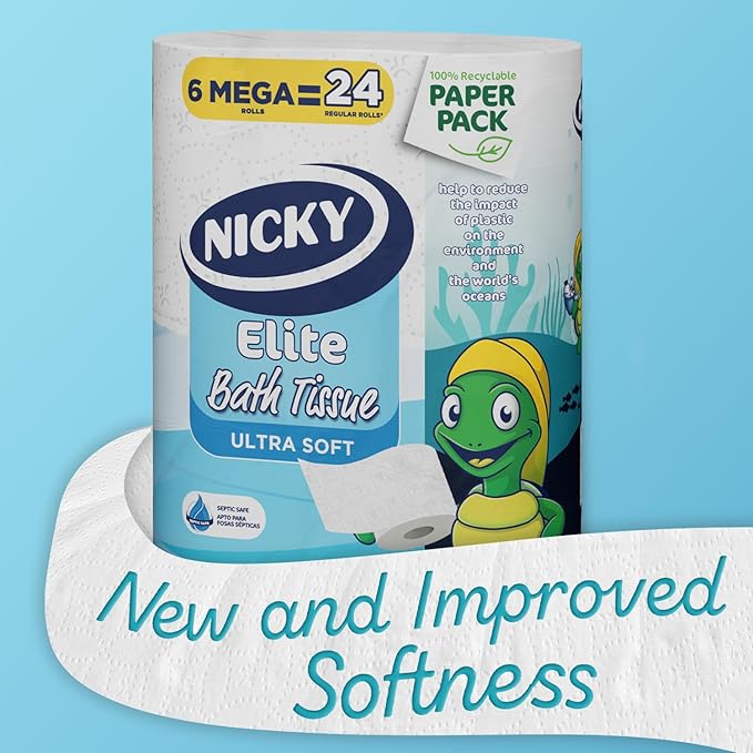 Nicky Elite Toilet Paper with Recyclable Paper Packaging, 36 Ultra Soft Mega Rolls = 144 regular rolls