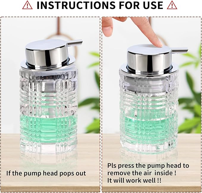 Bathroom Glass Soap Dispenser with Durable Rust-Proof Plastic Liquid Pump (Can't Foam) Hand Lotion Dispenser Antislip Shampoo Kitchen 10oz