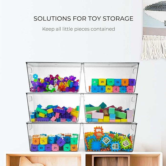 6 Pack Clear Stackable Storage Bins, Plastic Toy Organizers and Storage with Lids, Toy Bins for Kids Organizer, Storage Container for Organizing for Playroom, Toy Storage Organizer Holds Toys(6)