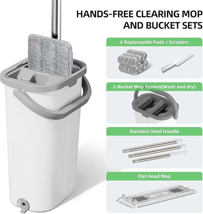 Plastic Mop and Bucket Set: Mop with Wringer for Vinyl Plank Floors Wall Mop Cleaner with Long Handle for Bathroom Walls for Women