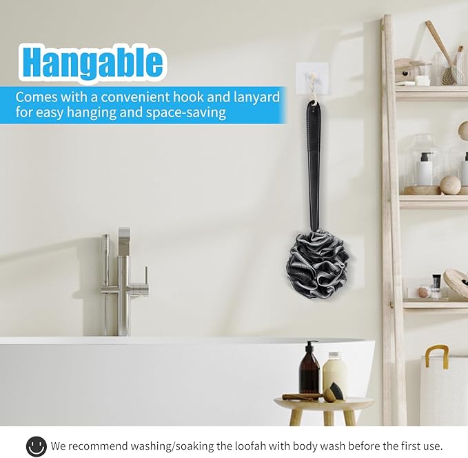 VANZAVANZU Loofah Sponge Set Loofah Exfoliating Body Scrubber, Anti-Slip Plastic 17" Handle Loofah on a Stick with Fluffy Shower Sponge, PE Soft Mesh Shower Loofahs-Black with White Edge
