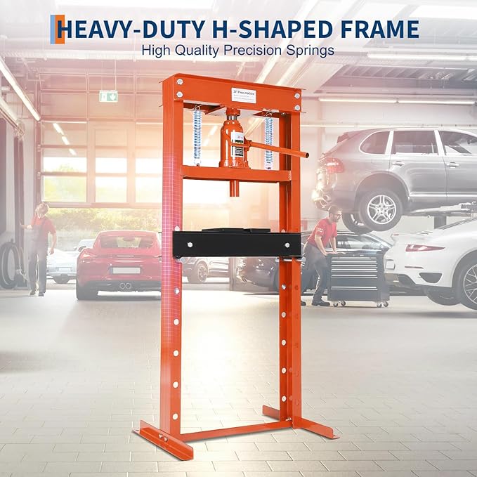 Hydraulic Press 20 Ton Hydraulic Shop Press H-Frame Garage Floor Adjustable Shop Press with 2 Plates Adjustable Working Table Height, Orange