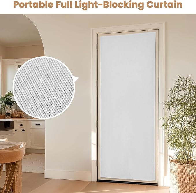 100% Blackout French Door Curtain,Adhesive, No Drilling Required,Small Curtains Designed for Installation On Doors (Grayish White - W25 × L72 in)
