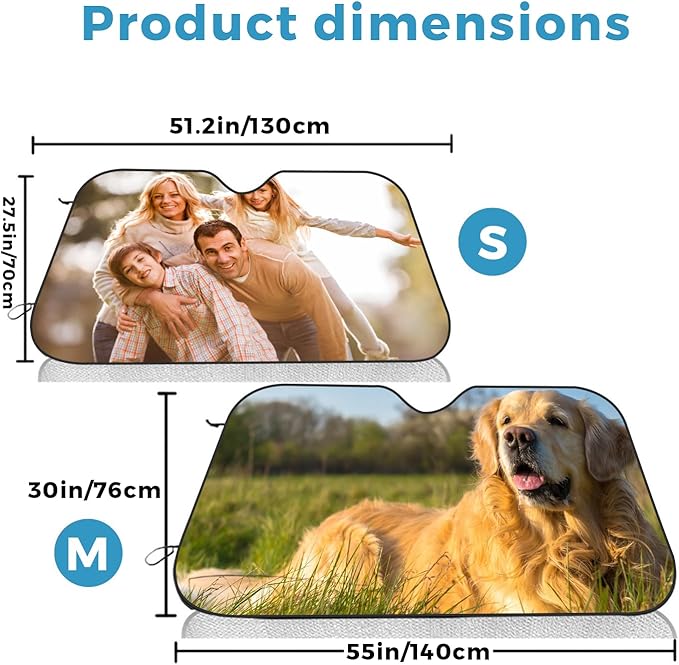 Custom Car Windshield Sun Shade, Design Your Own Image or Text, Keeps Vehicle Cool, Personalized Foldable Front Window Visor Reflective UV Protector Aluminum Foil Sunshield