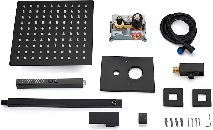 Shower Faucet Set Rainfall Shower System with Square Showerhead and Handle Set Fixture with 2 in 1 Function Handheld Sprayer Wall Mounted Trim Repair Kit Rough-in Valve 16 Inch Matte Black