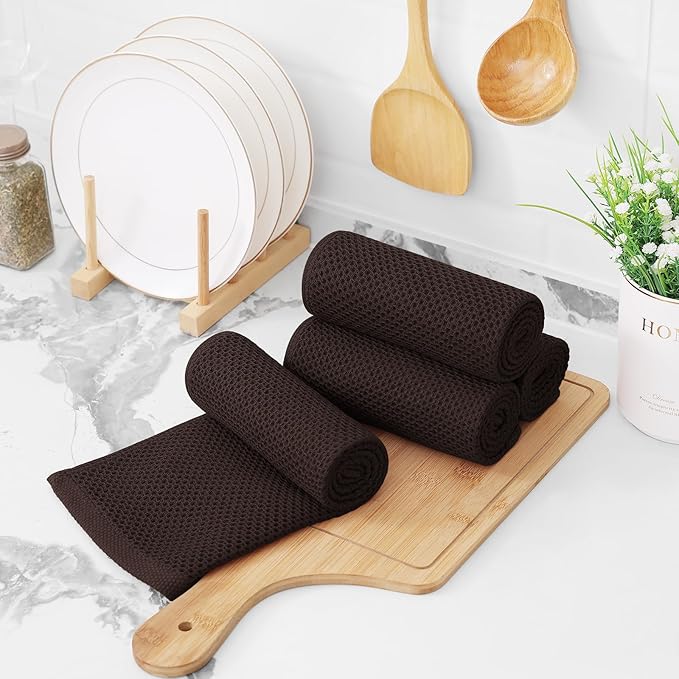 Kitinjoy 100% Cotton Waffle Weave Kitchen Towels, 12-Pack Super Soft and Absorbent Dish Towels for Drying Dishes, Kitchen Hand Towels, 13 in x 28 in, Dark Brown