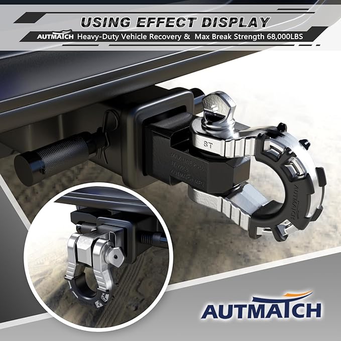 AUTMATCH Shackle Hitch Receiver 2" with 3/4" Mega D Ring Shackle and 5/8" Trailer Hitch Lock Pin, 68,000 Lbs Break Strength Heavy Duty Receiver Towing Kit for Off-Road Vehicle Recovery, Black & Silver