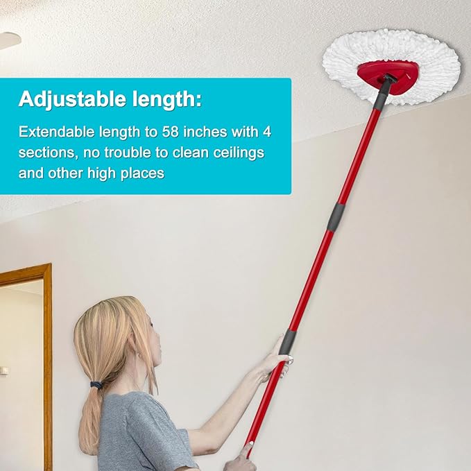 Spin Mop Replace Head, Base, Mop Handle Replacement for OCedar EasyWring 1 Tank System, Include 2 Microfiber Mop Head Replacement, 1 Sturdy Iron 30-58" Mop Handle, 1 Scrubber Head, 1 Spin Base