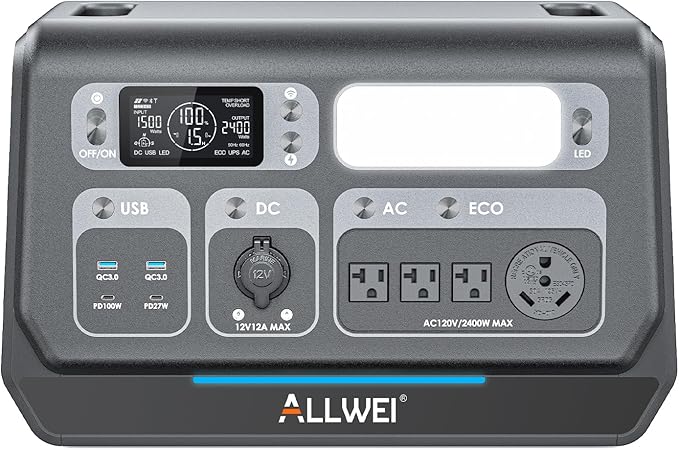ALLWEI Portable Power Station 2400W(Surge 4800W), 2048Wh LiFePO4 Battery, Solar Generator with UPS, Full Charge in 1.5Hrs, 4 AC Outlets, Generator for RV Outdoor Camping Off-grid Outdoor Home Backup
