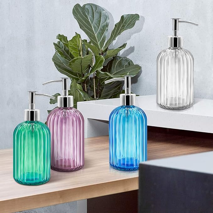 2 Pack Clear Glass Soap Dispenser Bottle with Pump, 14 Oz Refillable Liquid Hand Jar Dispenser for Bathroom, Countertop, Kitchen, Laundry Room