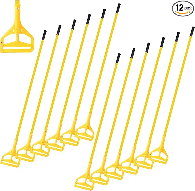 Matthew Heavy Duty Side Gate Mop Handle 60 inch Fiberglass Mop Stick,Commercial Mop Head Replacement Holder for Floor Cleaning,Side Release Mop Handle Quick Change for Wet Mop Handle - 12Pack Yellow
