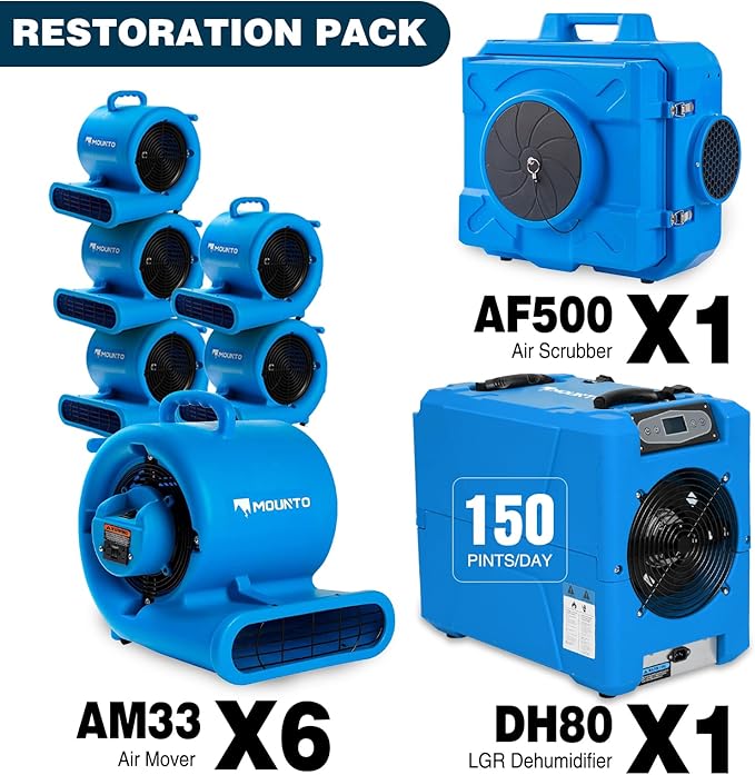 MOUNTO Water Damage Restoration Combo Package 6x Air Mover 1x Air Scrubber 1x Dehumidifier