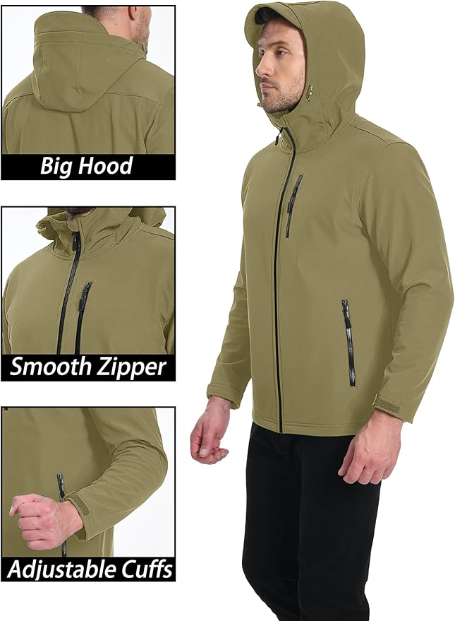 MAGCOMSEN Men's Waterproof Fleece Lined Rain Jacket Lightweight Softshell Raincoat with Hood Winter Hiking Windbreaker