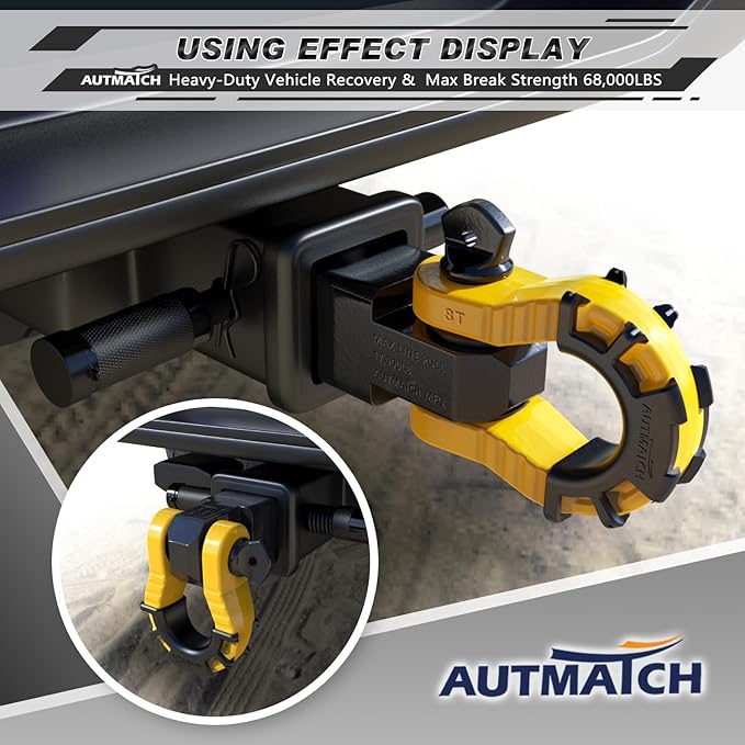 AUTMATCH Shackle Hitch Receiver 2" with 3/4" Mega D Ring Shackle and 5/8" Trailer Hitch Lock Pin, 68,000 Lbs Break Strength Heavy Duty Receiver Towing Kit for Off-Road Vehicle Recovery, Black & Yellow
