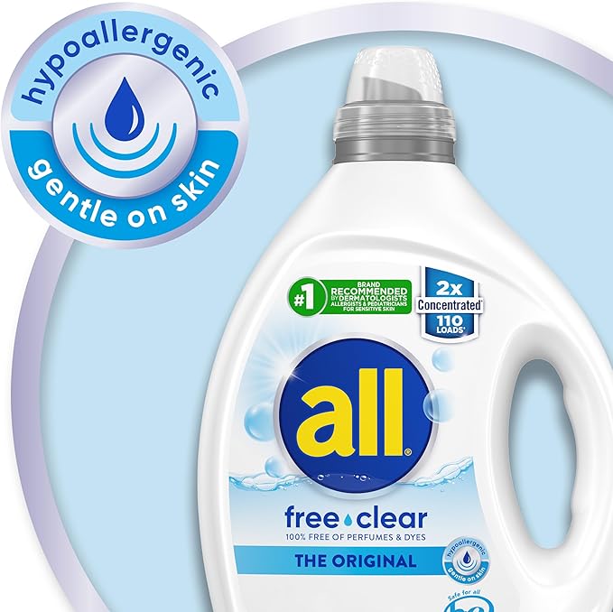 all free clear, Original, Liquid Laundry Detergent for Sensitive Skin, Unscented and Hypoallergenic, Concentrated, 82.5oz, 110 Loads