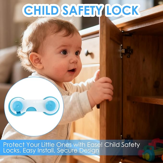 12 Pcs Baby Proof Cabinet Locks, Cabinet Child Locks with Strong Adhesive for Drawers Fridge and Closet Doors, No-Tool Installation Childproofing for Kitchen and Pantry (White and Blue)