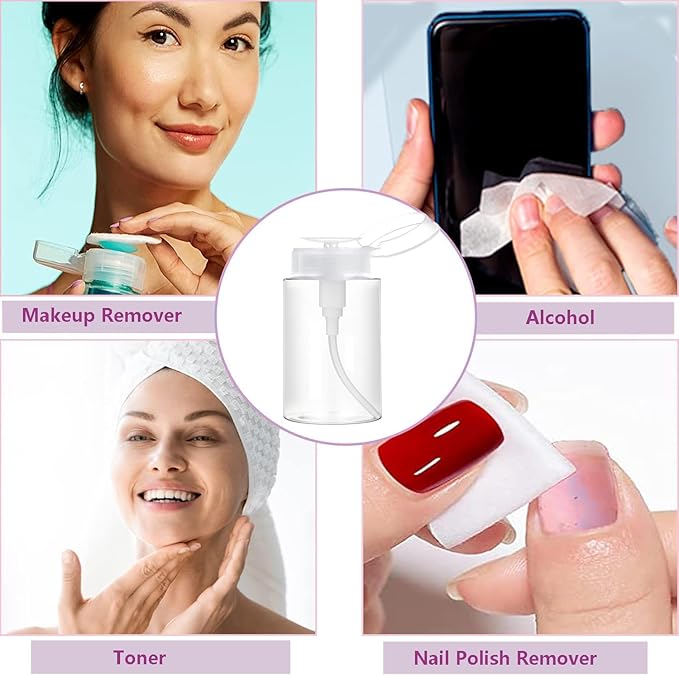 Push Down Pump Dispenser, 5.1oz Clear Pump Bottles with Alcohol, Acetone, Nail Polish Remover, Makeup Remover, Toner Stickers Empty Push Top Container for Liquid (150ml-4Pack)