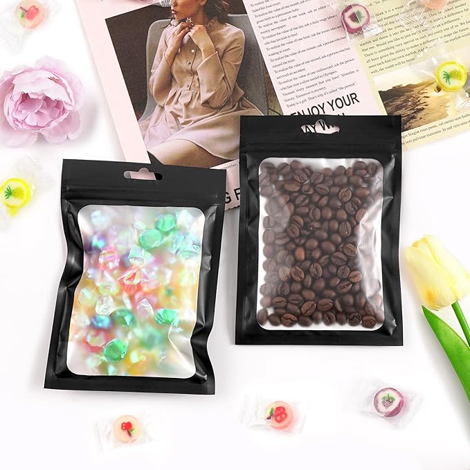 Funfery 300 Pack Smell Proof Resealable Bags for Food Storage,Mylar Clear Bags 3.1x5.1 Black Packaging Bag- Edibles,Odorless Scent Proof Bag for Cookies, Zip Foil Pouch for Small Business