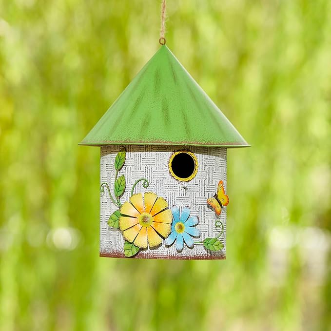 Glitzhome 11" H Distressed Metal Cottage Decorative Birdhouse with a Cluster of 3D Flowers and Butterfly Hanging Bird House for Garden Patio Backyard