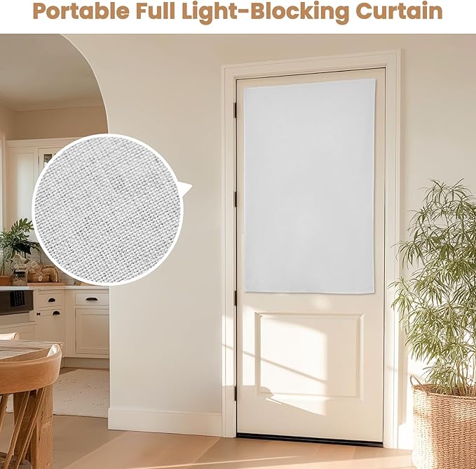 100% Blackout French Door Curtain,Adhesive, No Drilling Required,Small Curtains Designed for Installation On Doors (Grayish White - W25 × L40 in)