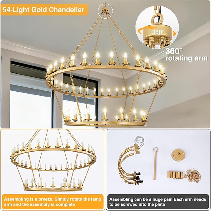 Wagon Wheel Chandelier, 2-Tier 54-Light Gold Extra Large Modern Rustic Farmhouse Chandelier Adjustable Height Light for High Ceiling Living Room, Entryways, Foyer, Dining Room