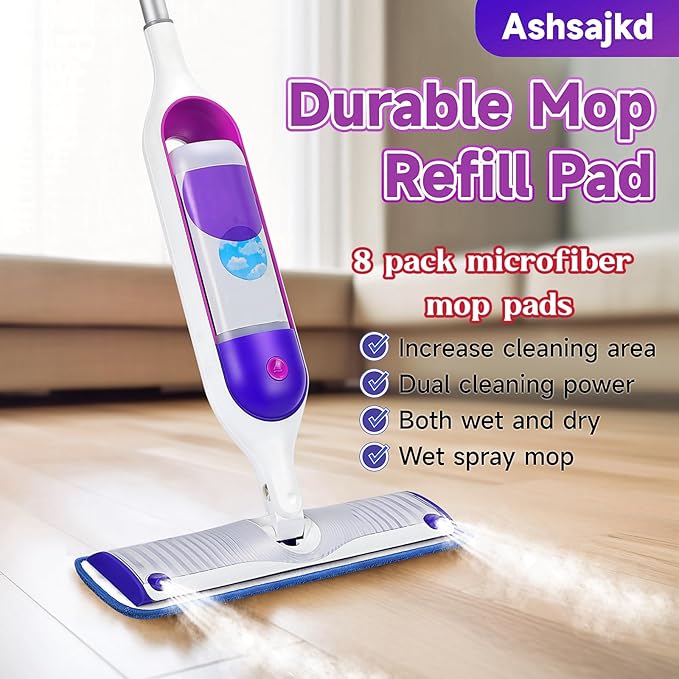 8 Pack Reusable Mop Pads Compatible for Swiffer PowerMop,Microfiber Mop Replacements Pads for 13''-15'' Spray Mop, Machine Washable Power Mop Pads for Swiffer,Dry Wet Spray Floor Pads, Blue