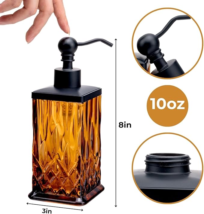 10Oz Amber Glass Soap Dispenser,Heavy Glass & Leak-Proof Rust-Resistant Pump for Kitchen Dish Soap, Bathroom Hand Wash,Vanity Essential Oil,Luxury Bath Decor(Square)