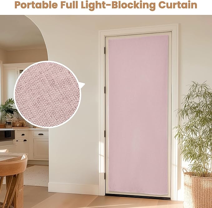 100% Blackout French Door Curtain,Adhesive, No Drilling Required,Small Curtains Designed for Installation On Doors (Light Pink - W25 × L72 in)