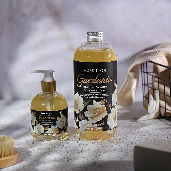 ROMIIE ZOI Hand Soap Refills, Gardenia Liquid Hand Soap, Large 750 ML / 26 FL OZ Bottles (Pack of 3), Gentle & Moisturizing Formula, Natural & Cruelty-Free for Kitchen and Bathroom Soap Dispensers